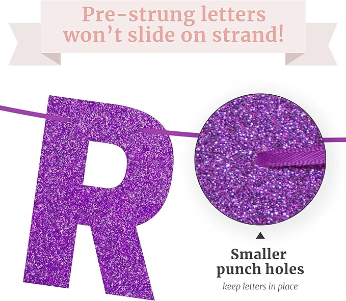 Pre-strung Happy Birthday Banner - No DIY - Purple Glitter Happy Birthday Party Banner for Girls & Women - Pre-strung on 8 ft Strands - Purple Bday Party Decorations & Decor. Did We Mention No DIY