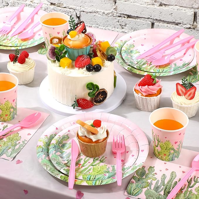 170 Pcs Cactus Party Decorations Supplies 24 Guest Cactus Party Set Disposable Tableware Paper Plate Cup Napkin Fork Knives Spoon for Fiesta Celebration Birthday Taco Decoration (Pink)