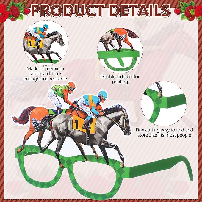 Pajean 36 Pcs Derby Day Glasses Decoration Party Horse Racing Theme Paper Eyeglasses Horse Race Photo Booth Props for Derby Birthday Party Supplies Decorations