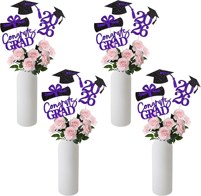 Gexolenu 16 PCS Purple and Black Double-Sided 2026 Graduation Centerpieces for Tables, 2026 Table Toppers Party Centerpiece Sticks Party Supplies, Graduation Party Decorations Class of 2026, Set of 4