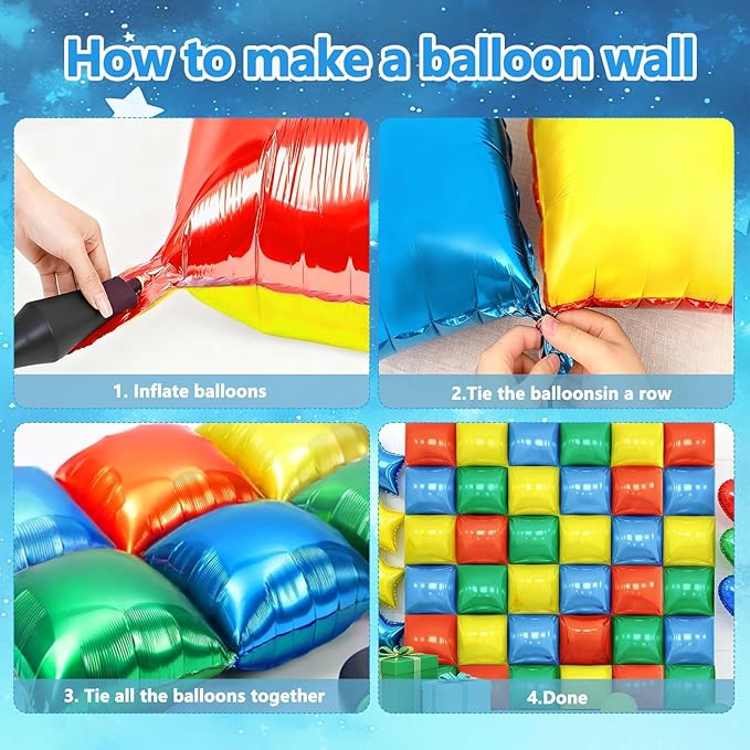 Red Yellow Blue and Green Square Foil Balloon Wall, 19'' Double Sided Foil Balloons Backdrop Tunnel Arch Kit for Anniversary Bachelorette Bridal Baby Shower Birthday Party Background Decor