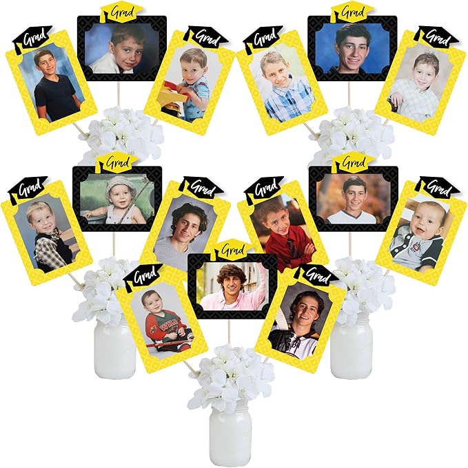 Big Dot of Happiness Yellow Graduation Photo Display Centerpiece Kit - 15 Double-Sided Photo Table Topper Sticks, Vertical and Horizontal 4x6 Picture Holders, DIY Party Decoration Set