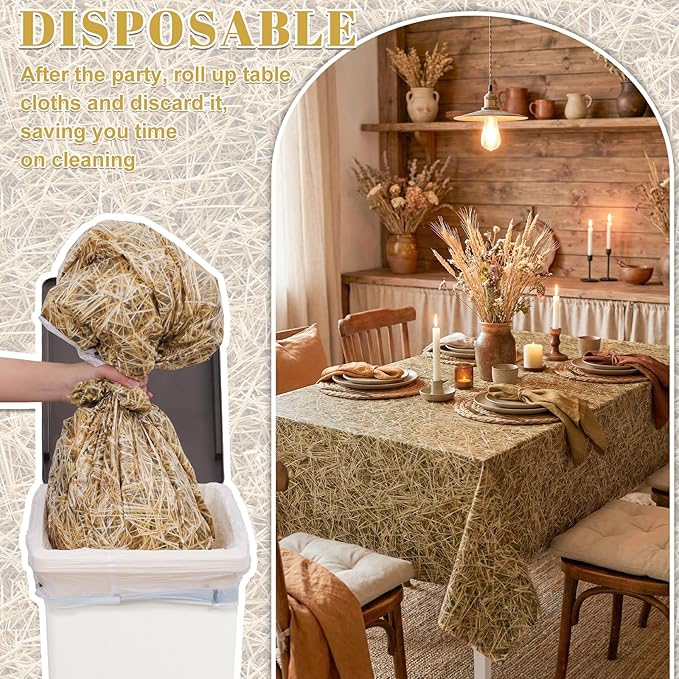3 Pack Straw Plastic Tablecloth, 54 x 108 Inch Disposable Farm Hay Tablecloths Waterproof Rectangle Western Birthday Theme Table Cover for Cowboy Western Barn Birthday Baby Shower Party Supplies