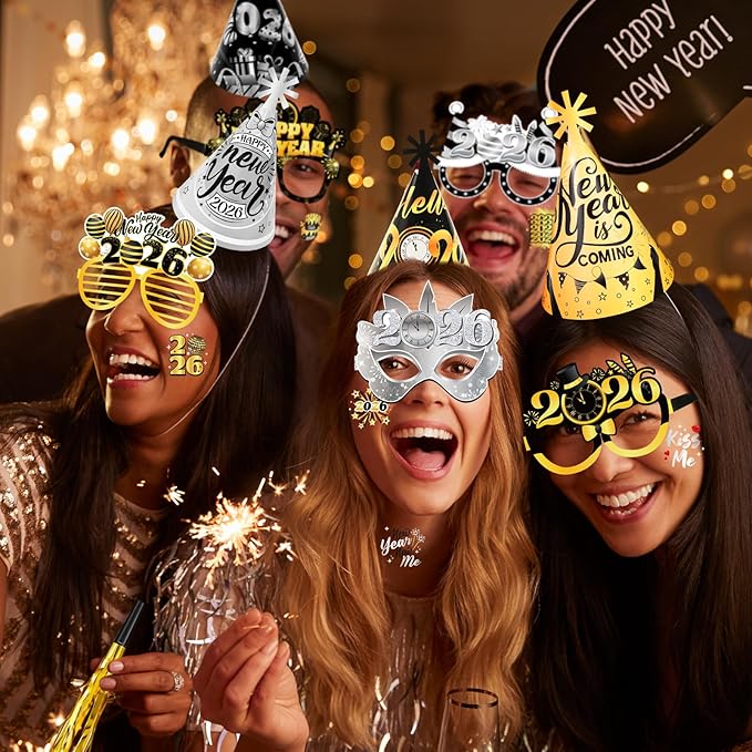 HOWAF New Year Eve Party Supplies 2026, Black Gold Silver Happy New Year 2026 Cone Hats New Years Eve Hats 2026 Glasses Party Blowouts Tattoos Bead Necklaces NYE Party Favors 2026 Decorations