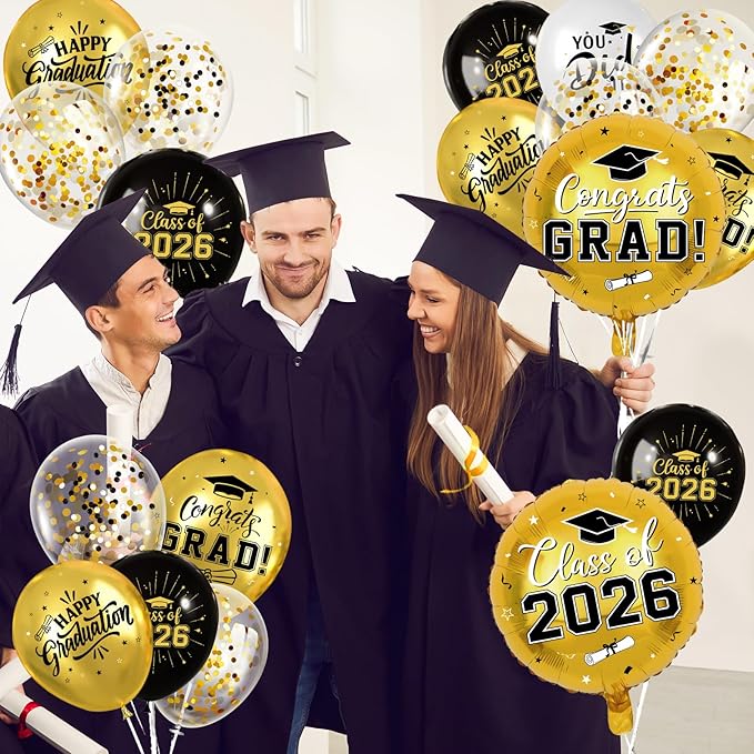 Black and Gold Graduation Balloons Graduation Decorations 2026, 51Pcs Grad Latex Balloons and Grad Foil Balloon with Confetti Ribbons Grad Party Decorations for College High School