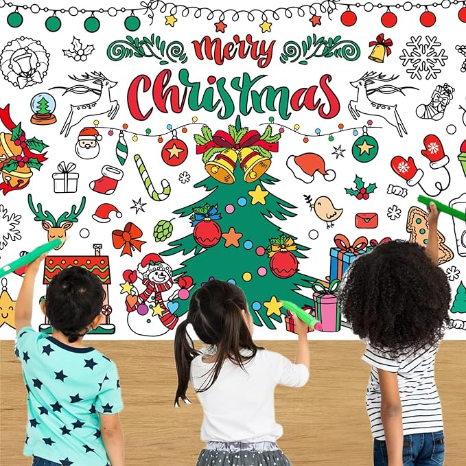 Christmas Crafts for Kids, Giant Coloring Poster/Tablecloth, 30 x 72 Inches Jumbo Versatile Banner, Party Favors for Family or Classroom, Holiday Xmas Party Decorations