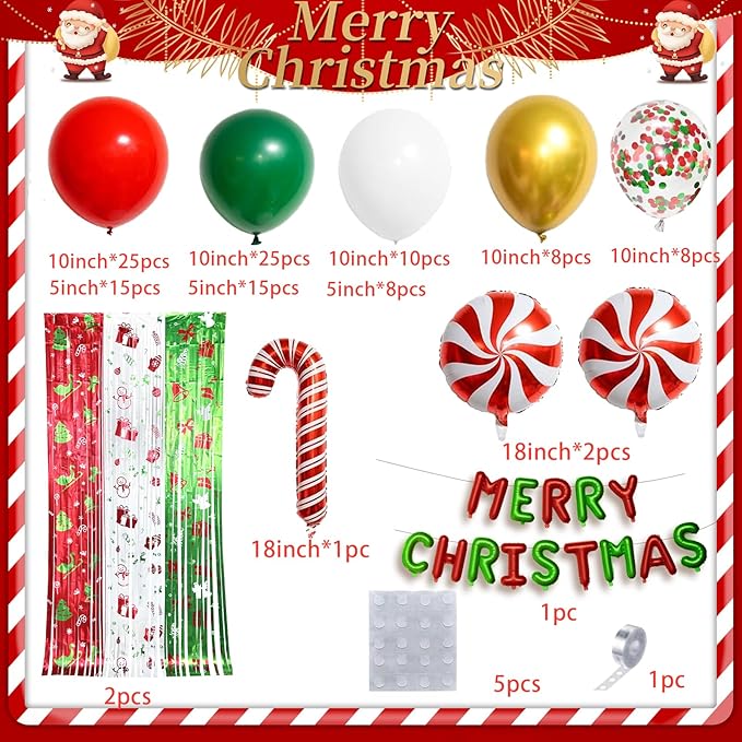 Christmas Party Decorations Christmas Balloon Arch Kit with Metallic Fringe Curtains, Merry Christ mas Banner and Candy Cane Balloons for Friendsmas Xmas Birthday Party Decorations