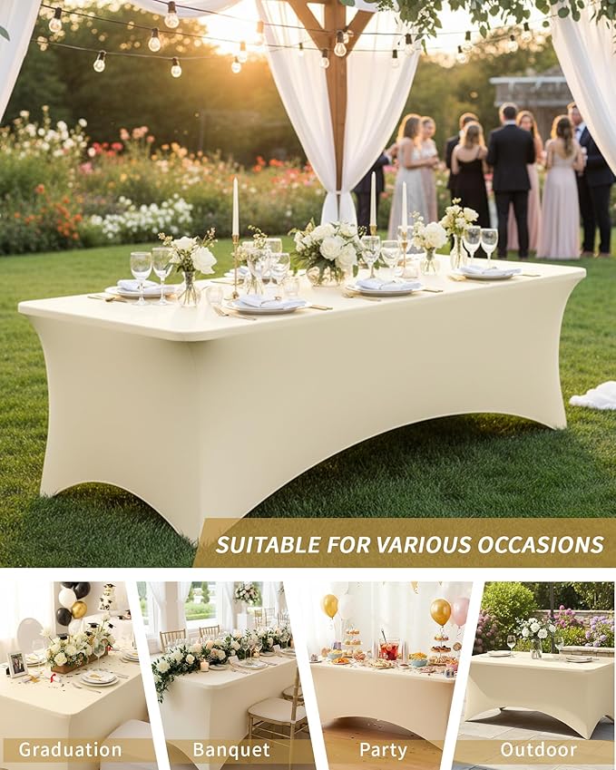 Fixwal 3 Pack Ivory Table Cloths Rectangle 8FT, Tablecloths Rectangular Stretch Spandex Fitted Table Covers 8ft for Parties, Trade Shows, Banquet, Weddings, Buffet, Graduation