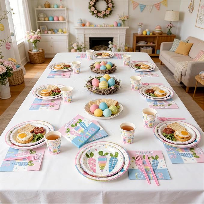 Mostop 160 Pcs Easter Tableware Set Party Supplies for 20 Guests Disposable Paper Plates, Cups, Napkins Forks Set Decorations for Easter Party Spring Holiday Picnics