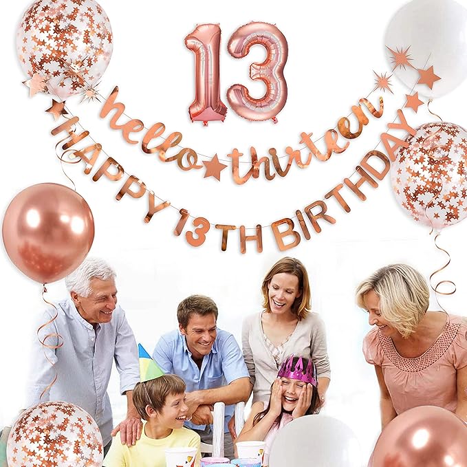 Rose Gold Hello Thirteen Happy 13th Birthday Banner Garland Foil Balloon 13 for 13 Birthday Decorations Official Teenager 13th Birthday Decor for Teen Girls 13 Year Old Birthday Party