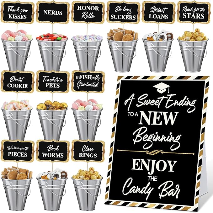 12 Set 2026 Graduation Candy Buffet Party Decoration Graduation Table Candy Bar Snack Labels Signs and 5'' Buckets with Handle for Class of 2026 Party Parties Supplies(Pure Style,Balck and Sliver)
