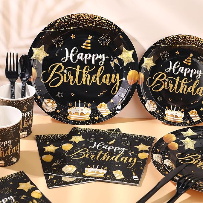 Vesici 171 Pcs Happy Birthday Party Supplies 24 Set Disposable Party Tableware include Plates Cups Napkins Cutlery and Banner Tablecloth Birthday Dinner Decorations for Men Woman(Black, Gold)
