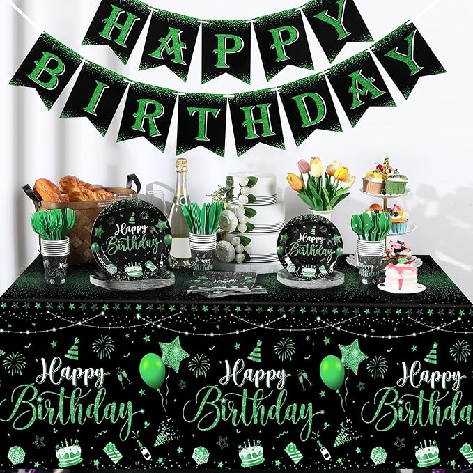 Vesici 171 Pcs Happy Birthday Party Supplies 24 Set Disposable Party Tableware include Plates Cups Napkins Cutlery and Banner Tablecloth Birthday Dinner Decorations for Men Woman(Black, Green)