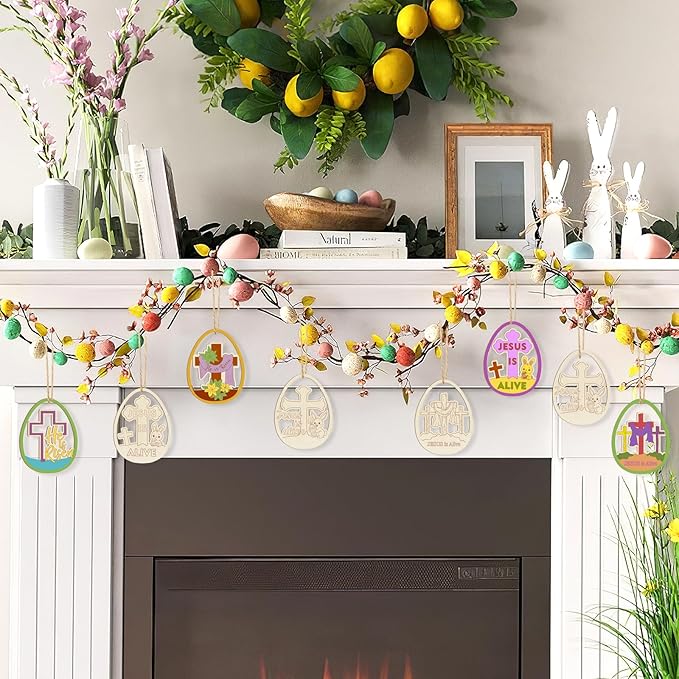 36PCS Wooden Easter Ornaments to Paint, Christian DIY Blank Unfinished Wood Egg Cutouts for Crafts Hanging Decorations Happy Easter Hallow Cross He is Risen Jesus is Alive Rabbit Religious Lily
