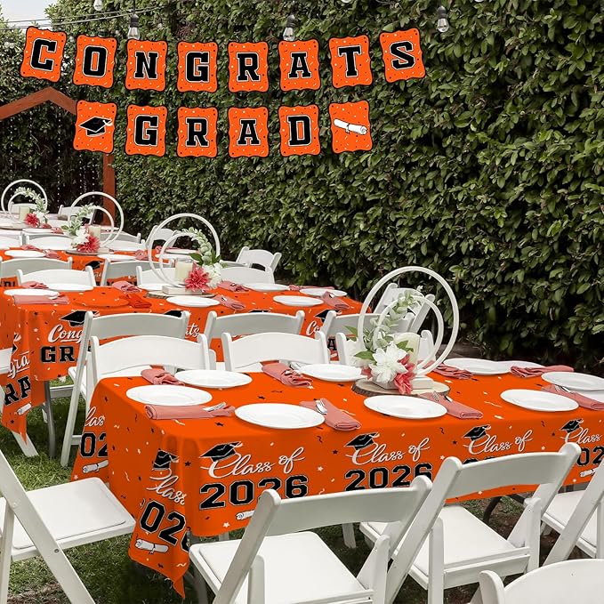 Gatherfun 2026 Graduation Decorations : 2-Pack Congrats Grad Disposable Tablecovers - Class of 2026 Orange Themed Table Cloths, for Graduation Party Supplies & Graduation Backdrop, 54" X 108"