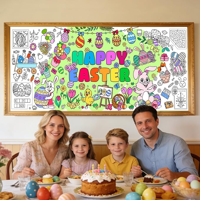 Easter Giant Coloring Poster for Kids,30x72 Inch Happy Easter Crafts Drawing Paper Coloring Tablecloth DIY Art Crafts for Kids Party Egg Bunny Themed Activity Home Classroom Party Suppiles