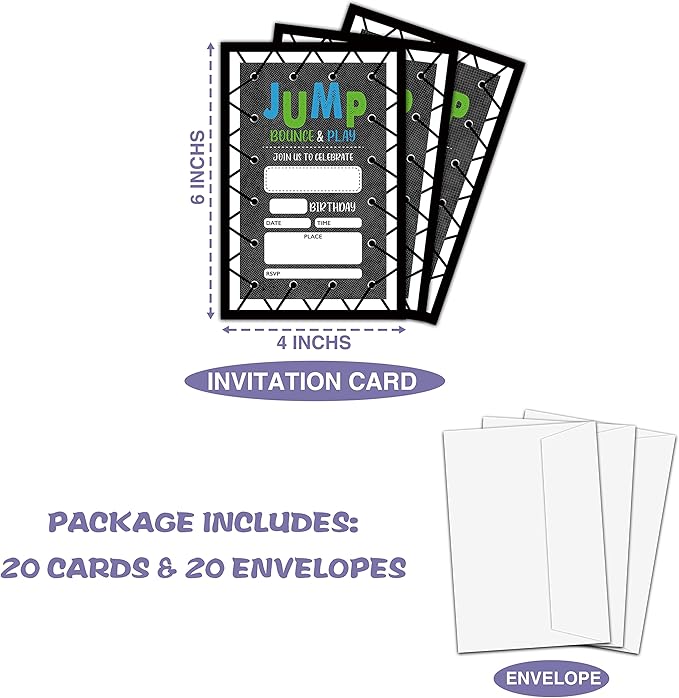 Jump Birthday Party Invitation, Bounce House Themed Fill-In Invites, 20 Invitations With Envelopes for Adults Men & Women (4" X 6"), Trampoline Party Favors Decorations and Supplies -44