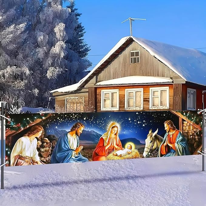 Nativity Scene Banner 79x18 Inches Christmas Fence Banner Holy Night Yard Display Jesus Birth Manger Scene Backdrop Christian Outdoor Decorations Holiday Sign