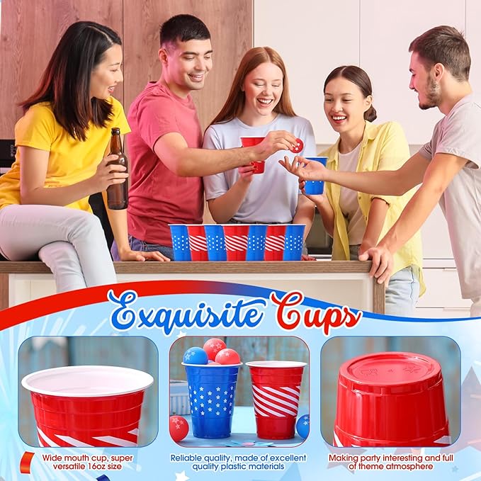 32 Pcs Red Blue White Party Game Set Include 16oz Patriotic Plastic Cups with 8 Star pattern Balls,4th of July Cups Memorial Independence Day Veterans Labor Juice Beverage Toss Game Supplies
