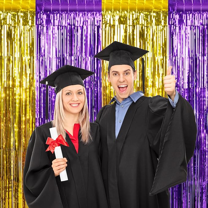 6Pack 3.3Ft x 6.6Ft Graduation Foil Fringe Curtain Backdrop Decorations, Purple Gold Metallic Tinsel Foil Streamers Curtain Photo Booth Background for Graduation Prom Wedding Birthday Party Decoration