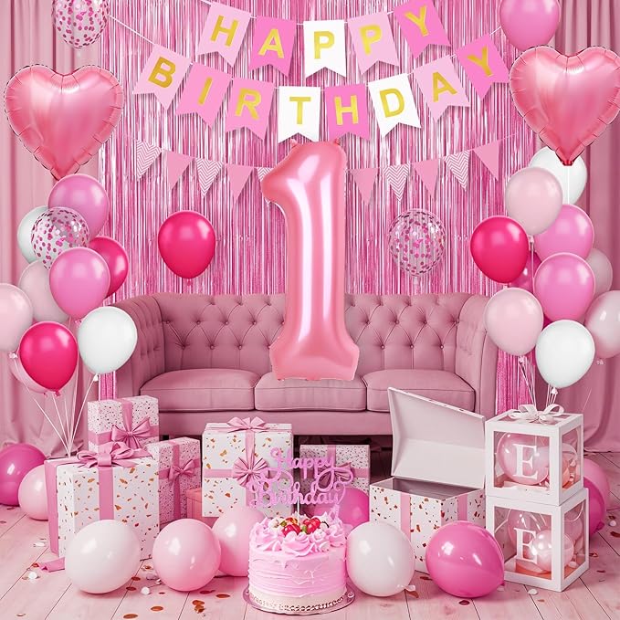 1st Birthday Decorations for Girls,Hot Pink Birthday Balloons with Happy Birthday Banner Fringe Curtain Heart Foil Balloons for 1 Year Old Kids Birthday Decor