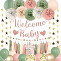 Amandir Girl Baby Shower Decorations Pink Sage Green Balloons Welcome Baby Banner, Cake Topper, Paper Lanterns, Pom Poms Flowers Tassels, Circle Dots Star Garland Gender Reveal Birthday Party Supplies