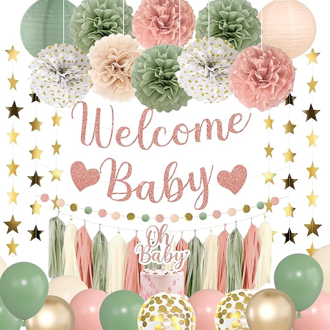 Amandir Girl Baby Shower Decorations Pink Sage Green Balloons Welcome Baby Banner, Cake Topper, Paper Lanterns, Pom Poms Flowers Tassels, Circle Dots Star Garland Gender Reveal Birthday Party Supplies
