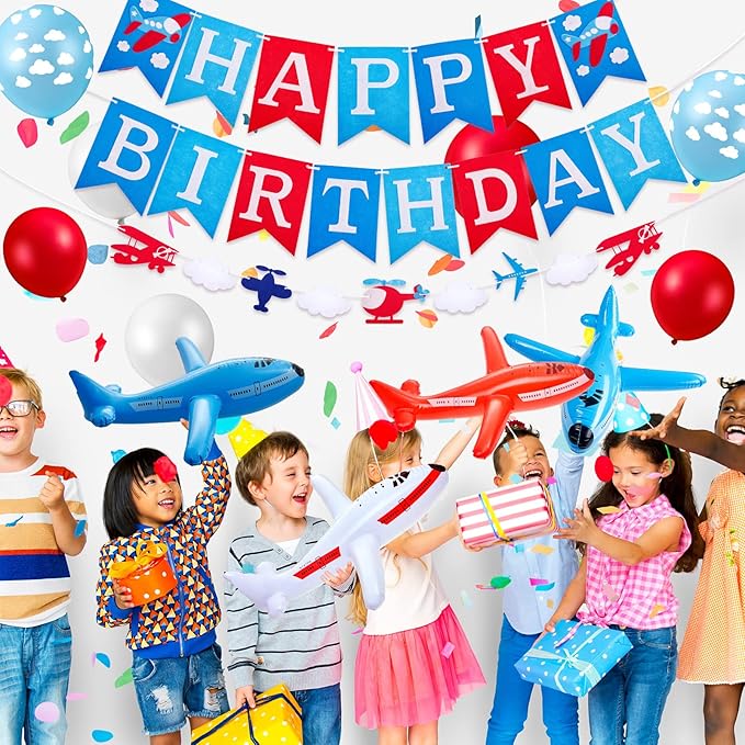 56 Pcs Airplane Birthday Party Decoration Inflatable Airplane Blue & Red Balloons Banners Air Adventure Themed Birthday Party Cloud Aircraft Decor
