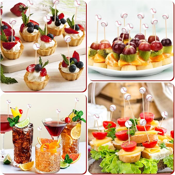 100 Pcs Baseball Toothpicks, 4.72 Inch Baseball Cocktail Picks for Appetizers, Long Bamboo Toothpicks, Decorative Toothpicks Skewers for Holiday Birthday Party Decorations (Baseball 3D)