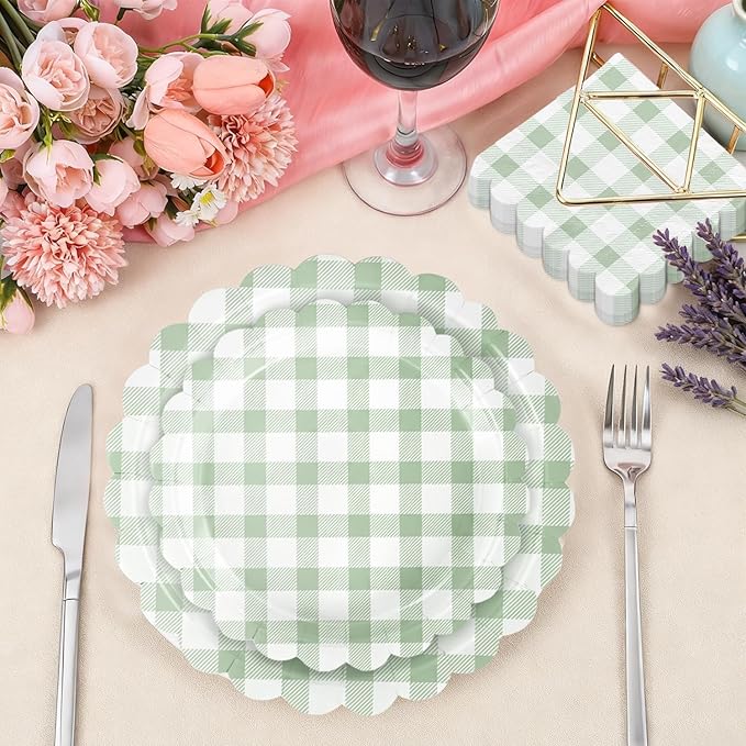 175 PCS Sage Green Gingham Party Supplies Includes Green Gingham Paper Plates, Cups, Napkins, Cutlery for Wedding Bridal Shower Birthday Baby Shower Party Decorations, Serves 25