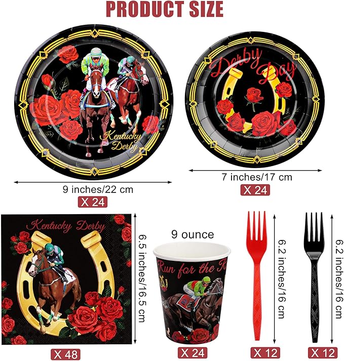 Kochorie 144 Pieces Horse Racing Party Tableware Sets Including Disposable Plates Napkins Cups Forks Serves 24 for Birthday Horse Theme Party Supplies