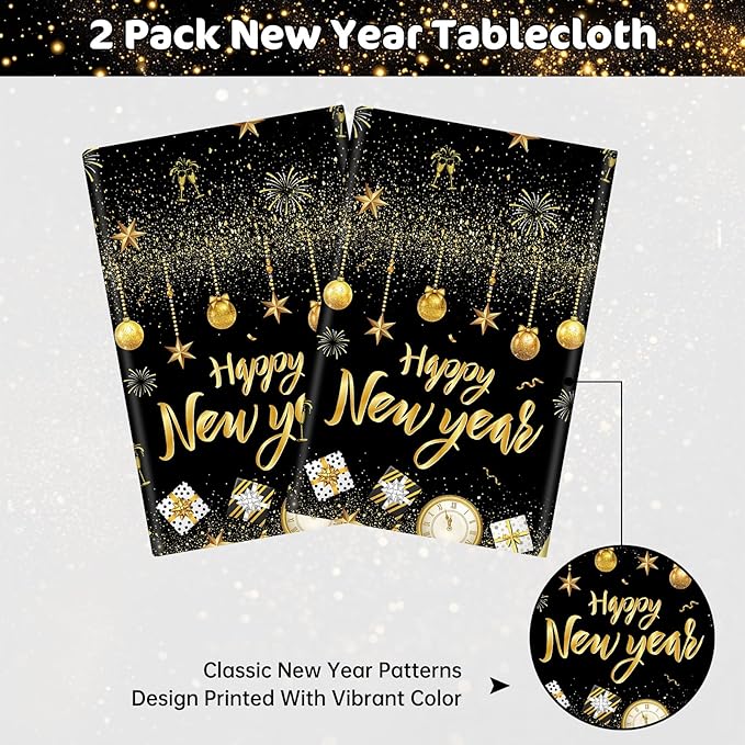 2 Pcs Happy New Years Tablecloth Plastic - Black Gold New Years Eve Party Supplies 2026 Table Cloth, Disposable Large Happy New Year Table Cover for 2026 New Year Party Tables Decorations, 54x108 Inch