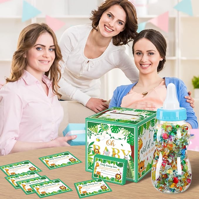 Glenmal 52 Pcs Baby Shower Games Gift Sets Large Baby Bottle for Shower Game Guess How Many Candies Decorations for Gender Reveal(Forest Animal)