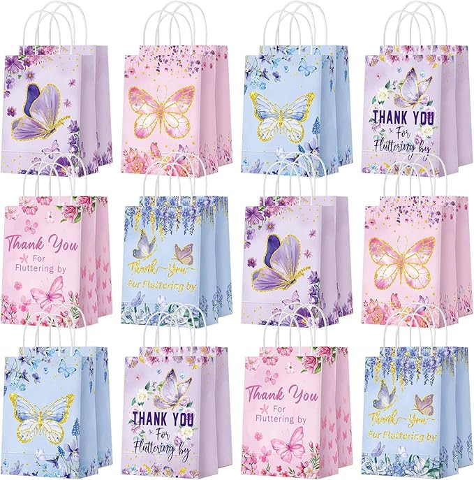 Outus 24 Pcs Spring Butterfly Party Favors Bags Butterfly Goodie Gift Paper Bags with Handles Purple Blue Pink Thank You Candy Treat Pouch for Wedding Baby Shower Birthday Party Decoration Supplies