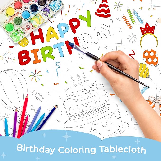 Childom 1 Pack Birthday Coloring Tablecloth Disposable Birthday Tablecloths 30x72 Inch Coloring Table Cloth Paper Tablecloth Rectangle Table Cover