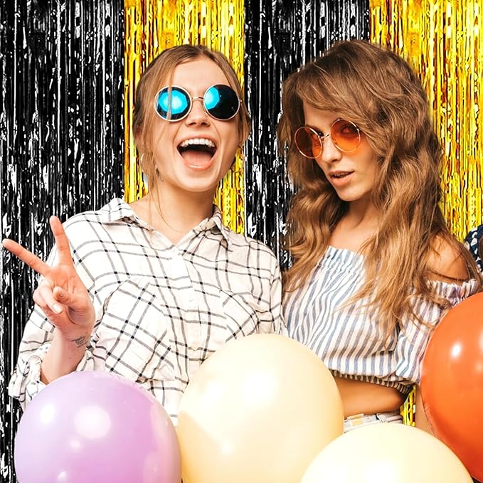 3 Pack Black Gold Foil Fringe Curtain Backdrop, 3.28Ft x 6.6Ft Metallic Tinsel Foil Fringe Streamer Curtains for Photo Booth, Christmas Day, Thanksgiving, Wedding, New Year Party Decorations