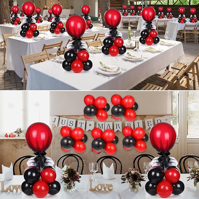 BBTO 8 Set Table Centerpieces Balloons Stand Kit, 80 Pcs Latex Balloons and Table Stand Holder with Base Tulle for Wedding Birthday Baby Shower Party(Black and Pomegranate Red)