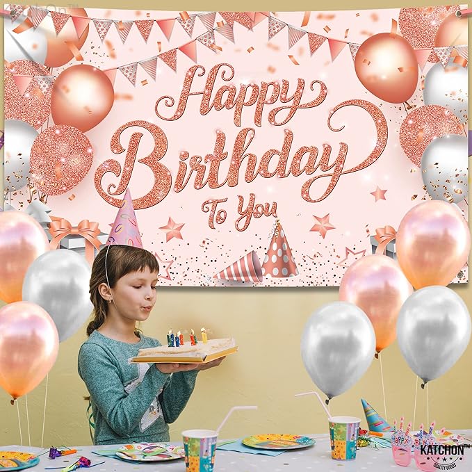 KatchOn, Rose Gold Happy Birthday Banner - XtraLarge 72x44 Inch | Happy Birthday Decorations for Girls, Women | Hbd Banner for Rose Gold Party Decoration