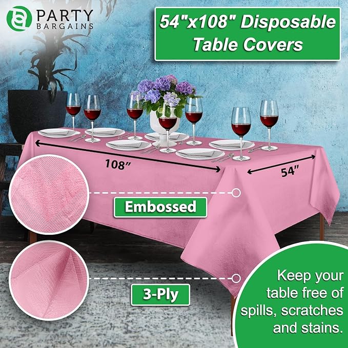 PARTY BARGAINS Disposable Table Covers, 54 x 108 Inch, Pink, 3-Ply Paper & Plastic Spill-Resistant Party Tablecloths, 5 Pack