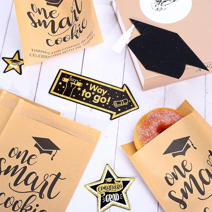 Whaline 100 Pack Graduation Candy Cookie Gift Bags One Smart Cookie Self-Adhesive Buffet Treat Bag Congrats Grad Kraft Paper Treat Gift Bags for Graduation Party Decoration Supplies