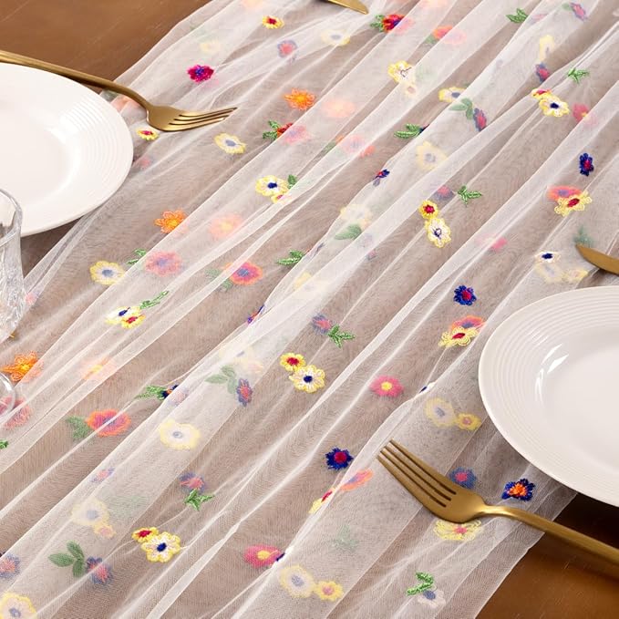 Socomi Ivory White Embroidery Daisy Spring Easter Floral Wildflower Tulle Gauze CheeseclothTable Runners for Wedding Party Baby Shower Birthday Holiday Picnic Home Decor 1pc
