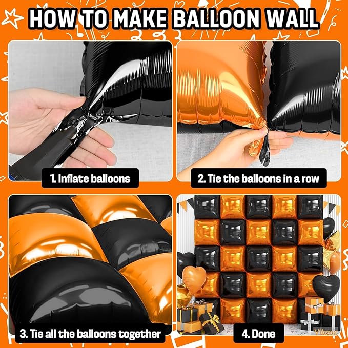 Black and Orange Square Foil Balloons Wall, Double Sided Chrome Black Orange Balloons Tunnel Arch Kit Backdrop for Halloween Birthday Trick or Treat Spooky Ghost Party Bar Graduation Decoration
