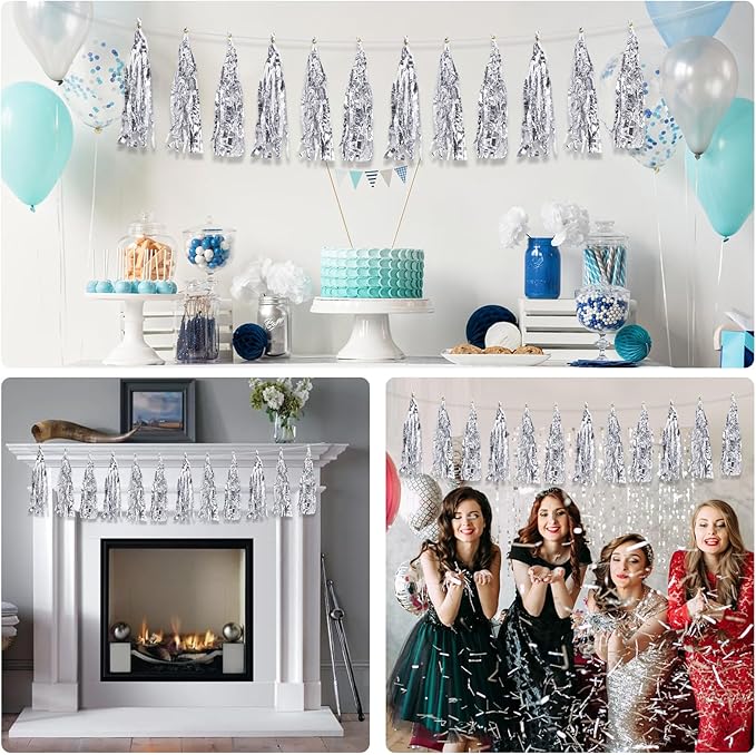 BEISHIDA 3 Packs Silver Metallic Foil Fringe Tassel Garland, Tassels Banner Streamers for New Year Silver Wedding Engagement Graduation Birthday Bridal/Baby Shower Christmas Holiday Party Decoration