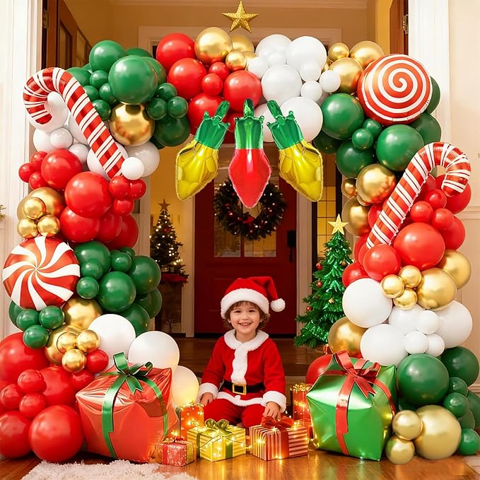 169pcs Christmas Balloon Garland Arch Kit with Red Green White Gold Balloons, Candy Cane, Gift Box, Light Bulb Foil Balloons, X-mas Birthday Party Supplies, Christmas Party Decorations