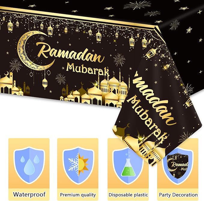 1PC Ramadan Mubarak Tablecloths Eid Mubarak Table Decorations Ramadan Kareem Party Supplies Black and Golden Rectangle Table Cover for Eid Al-fitr Party Favors