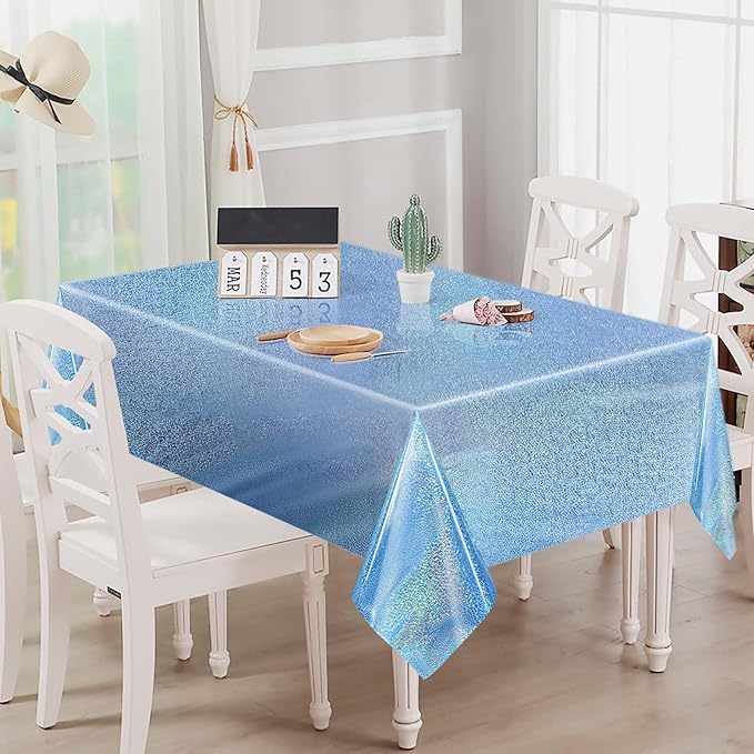 2 Pack Light Blue Iridescent Plastic Tablecloth Disposable 54 × 108 Inch Glitter Holographic Foil Table Cloth Plastic Laser Rectangle Table Cover for Birthday Wedding Disco Party