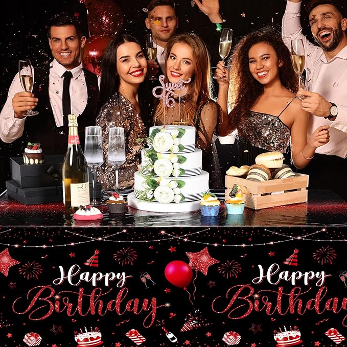 Tudomro 1 Pcs Happy Birthday Tablecloths Happy Birthday Party Decorations Plastic Table Cover Rectangular Cloths for Women Men Baby Shower Party Supplies, 108 x 54 Inch (Black Red)