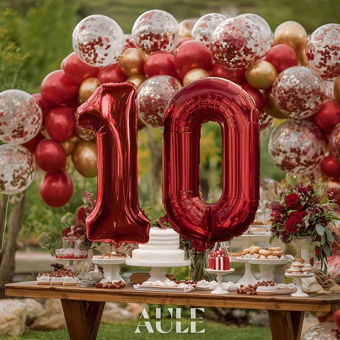 AULE 40 Inch Big Red Foil 10 Number Balloons for Women Large 10th Happy Birthday Decorations Giant Huge Helium Mylar Anniversary Party Décor