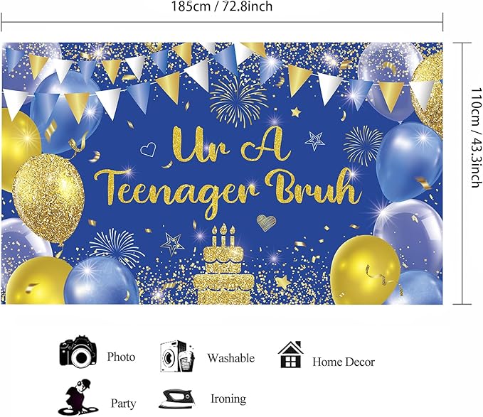 Blue Gold Ur A Teenager Bruh Banner Backdrop Photography Background Hanging 13th Happy Birthday Party Decoration for Bro I'm 13 Year Old Teen Bday Accessories Supplies 72.8 * 43.3in