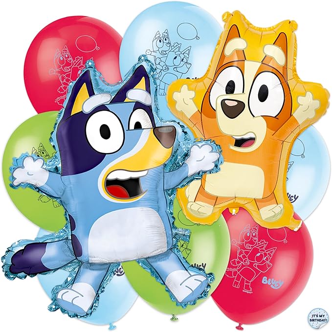 Bingo and Bluey Balloons | 10 Pack | Large 28" Bluey Balloon and 25" Bingo Balloon with 8 Latex Balloons | Sticker | Birthday Decorations and Party Supplies | Officially Licensed